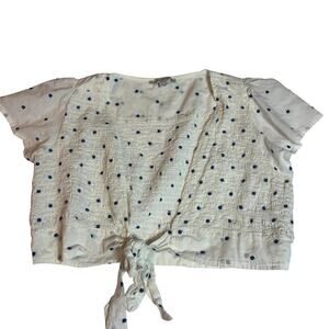 American Eagle White Blue Swiss Dot Tie Front Crop Top Women's Large Boho